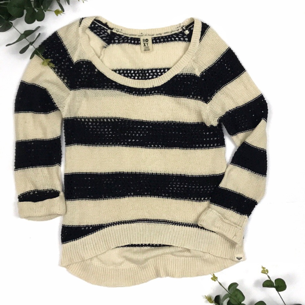 ROXY | Cream & Black Striped Knit Crochet Sweater